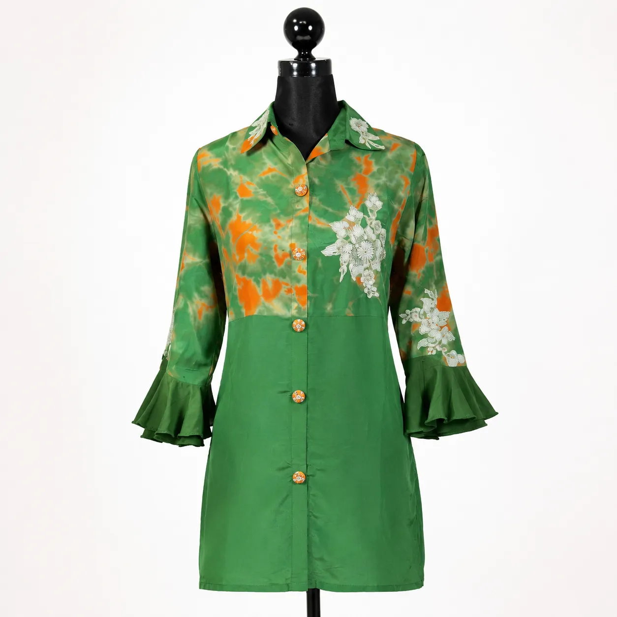 Women's Green Tie-Dye Cord Set with Embroidered Shirt